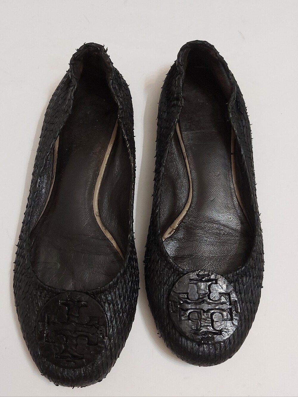 Tory Burch Black Textured Leather Medallion Ballet Flats